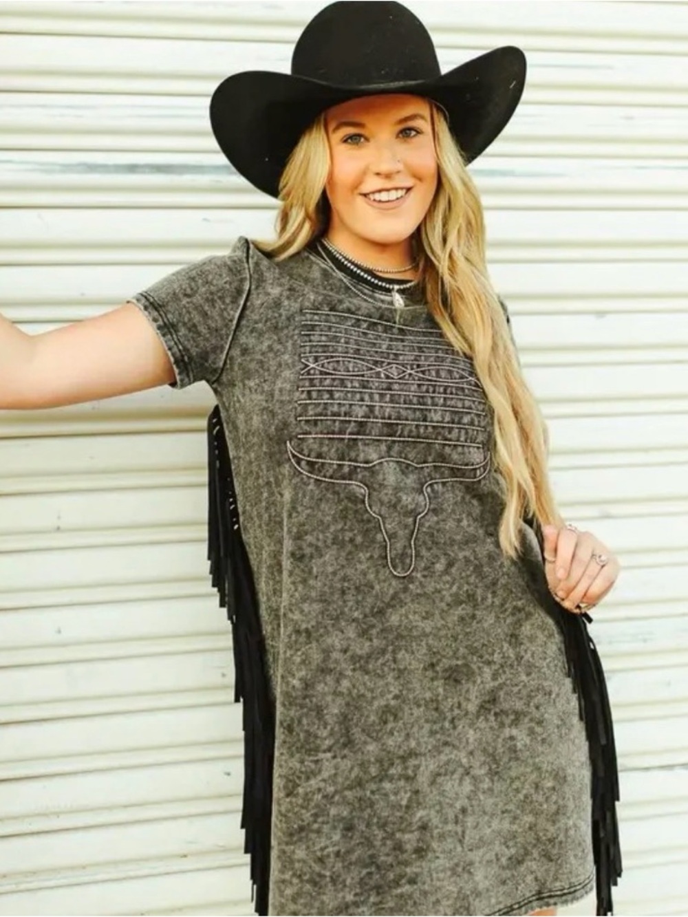 Women's Washed Black Graphic Tee Dress with Fringe